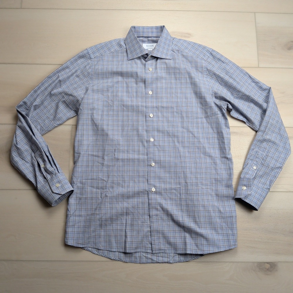 Eton Dress Shirt Mens Large 16 41 Blue Plaid Button Up Long Sleeve‎ Contemporary